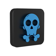 Blue Skull on crossbones icon isolated on transparent background. Happy Halloween party. Black square button.