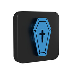 Blue Coffin with christian cross icon isolated on transparent background. Happy Halloween party. Black square button.