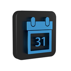 Blue Calendar with Halloween date 31 october icon isolated on transparent background. Happy Halloween party. Black square button.