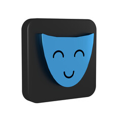 Blue Comedy theatrical mask icon isolated on transparent background. Black square button.