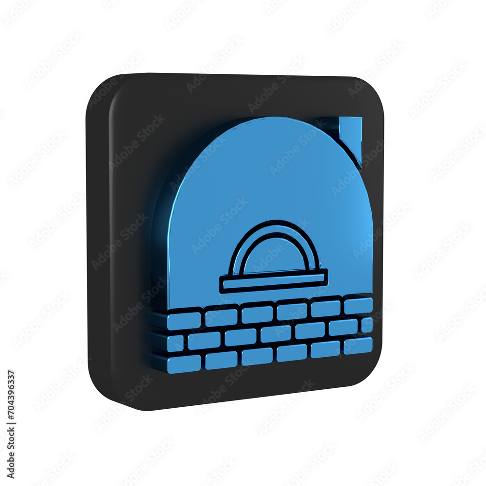 Sticker Blue Brick stove icon isolated on transparent background. Brick fireplace, masonry stove, stone oven icon.Black square button.