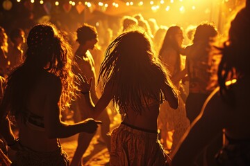 Wide-angle shot capturing the lively dance floor at a dusk-time rave, featuring people with rasta...
