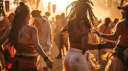 Wide-angle shot capturing the lively dance floor at a dusk-time rave, featuring people with rasta...