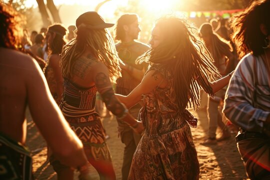 Wide-angle shot capturing the lively dance floor at a dusk-time rave, featuring people with rasta hair and hippie outfits
