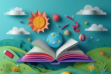 Back to school papercut vector. School supplies flying out of open book over science background layered craft art style