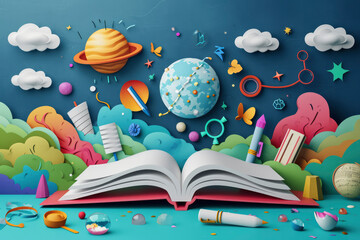 Back to school papercut vector. School supplies flying out of open book over science background layered craft art style