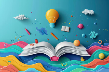 Back to school papercut vector. School supplies flying out of open book over science background layered craft art style