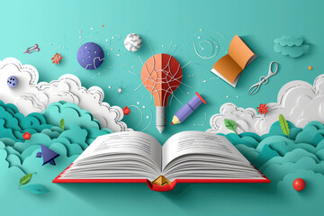 Back to school papercut vector. School supplies flying out of open book over science background layered craft art style