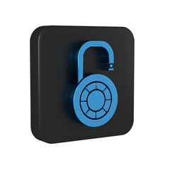 Blue Safe combination lock wheel icon isolated on transparent background. Combination padlock. Security, safety, protection, password, privacy. Black square button.