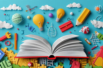 Back to school papercut vector. School supplies flying out of open book over science background layered craft art style