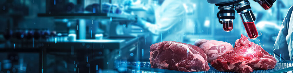 Banner on Artificial Cultivation of Organic Meat in Vitro. Beef Grown in a Laboratory in Test Tubes. Concept of Saving the Life of Animals. - obrazy, fototapety, plakaty