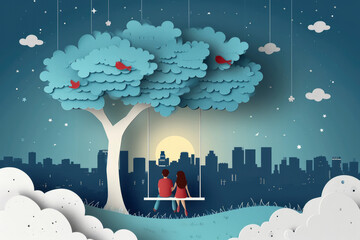 Cute couple sitting on a swing under a tree in a big city, pop up card, paper art style