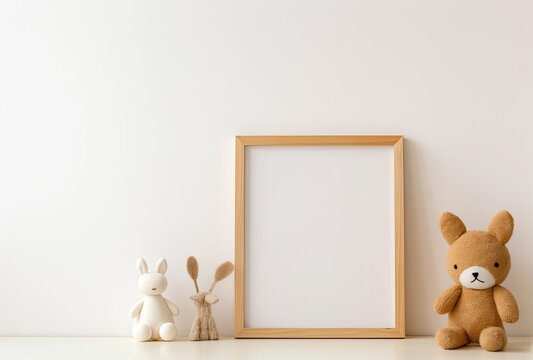 Teddy Bear, Rabbit, and Picture Frame on Shelf