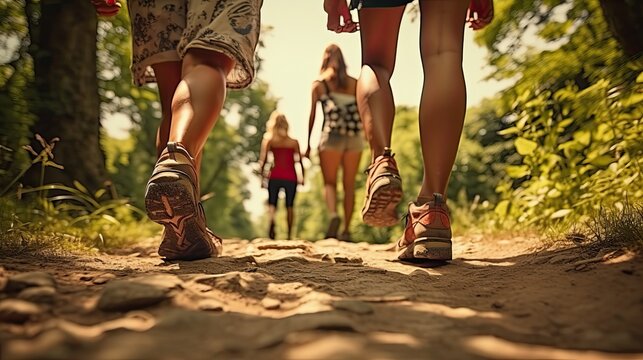 Group of tourists walks along the path of the summer forest. Feet close-up. Travel adventure group