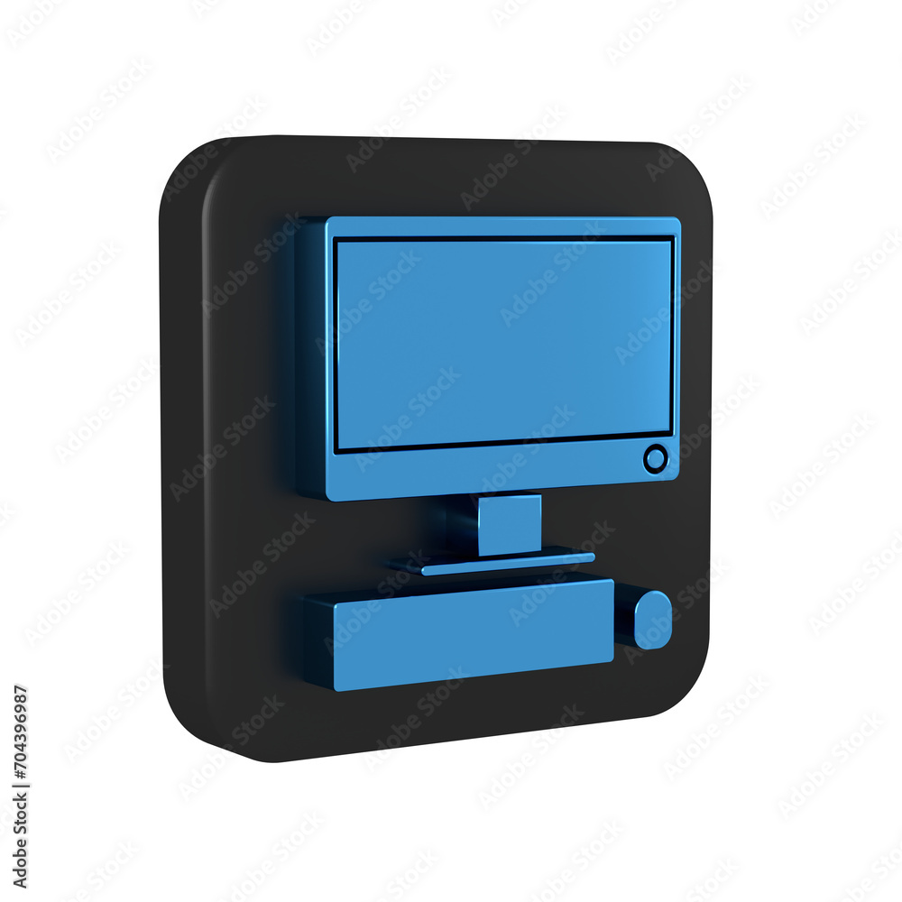 Poster blue computer monitor with keyboard and mouse icon isolated on transparent background. pc component 