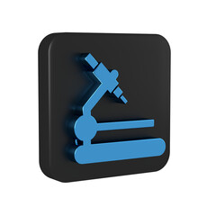 Blue Microscope icon isolated on transparent background. Chemistry, pharmaceutical instrument, microbiology magnifying tool. Black square button.