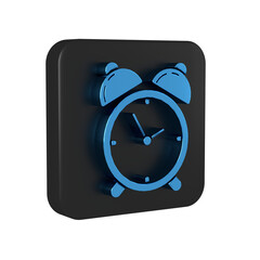 Blue Alarm clock icon isolated on transparent background. Wake up, get up concept. Time sign. Black square button.