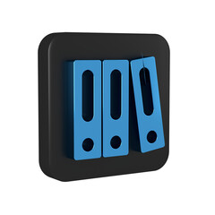Blue Office folders with papers and documents icon isolated on transparent background. Office binders. Archives folder sign. Black square button.