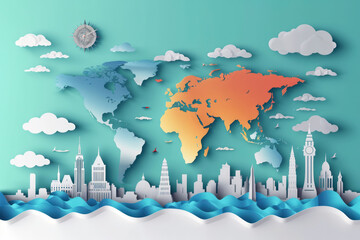 World travel landmarks with world map background, world landmark architectural monuments, tourism with paper cut
