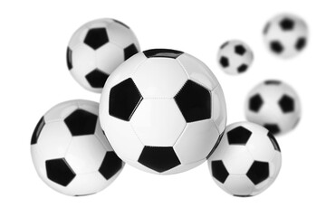 Many soccer balls flying on white background