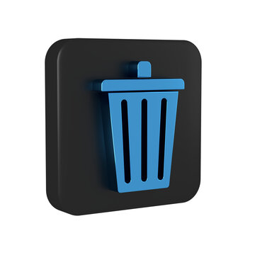 Blue Trash can icon isolated on transparent background. Garbage bin sign. Recycle basket icon. Office trash icon. Black square button.