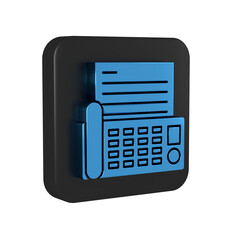 Blue Fax machine icon isolated on transparent background. Office Telephone. Black square button.