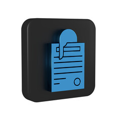 Blue File document and paper clip icon isolated on transparent background. Checklist icon. Business concept. Black square button.