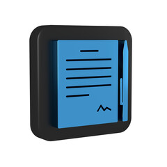 Blue Contract with pen icon isolated on transparent background. File icon. Checklist icon. Business concept. Black square button.
