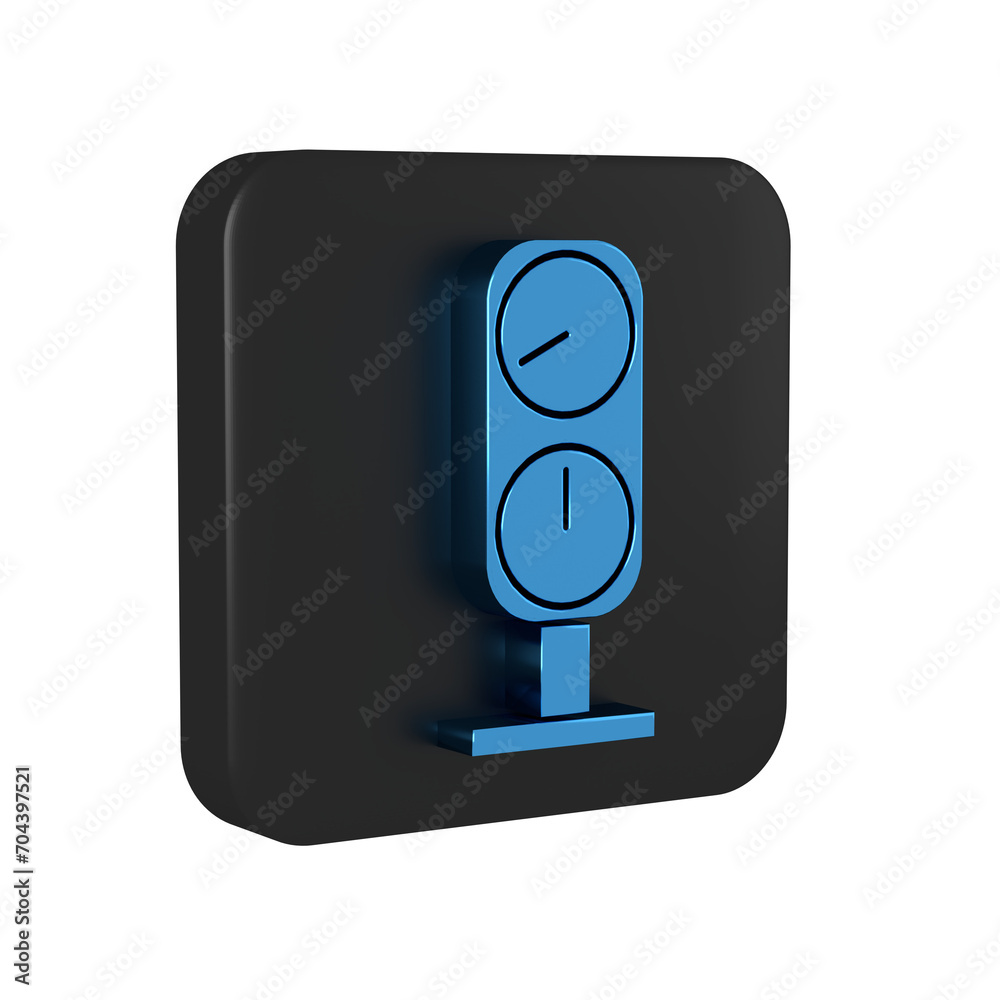 Poster Blue Gauge scale icon isolated on transparent background. Satisfaction, temperature, manometer, risk, rating, performance, speed tachometer. Black square button.