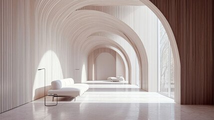 Generated AI. Minimalist interior design of modern studio room with wood paneling arched wall.