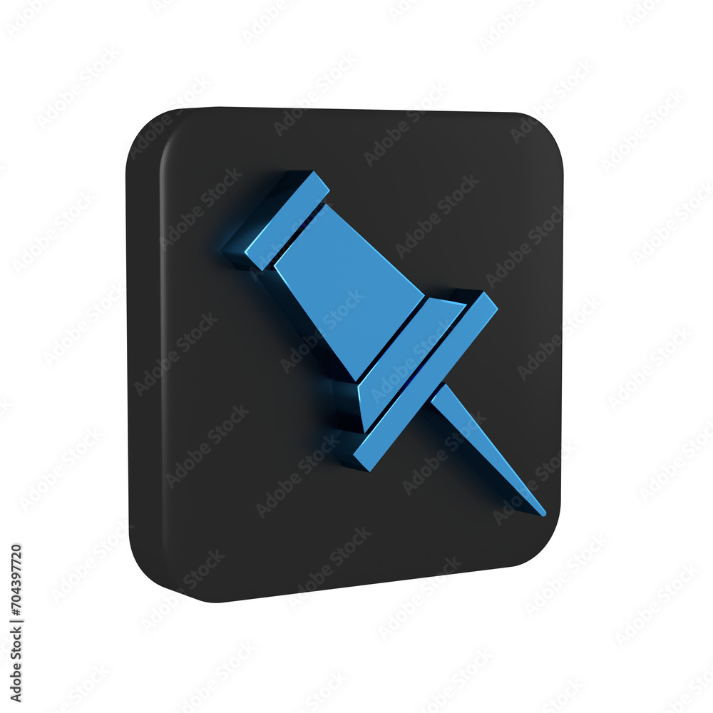 Sticker blue push pin icon isolated on transparent background. thumbtacks sign. black square button.