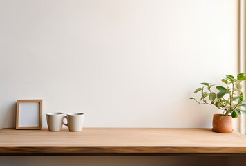 Wooden Shelf With Two Mugs and a Potted Plant