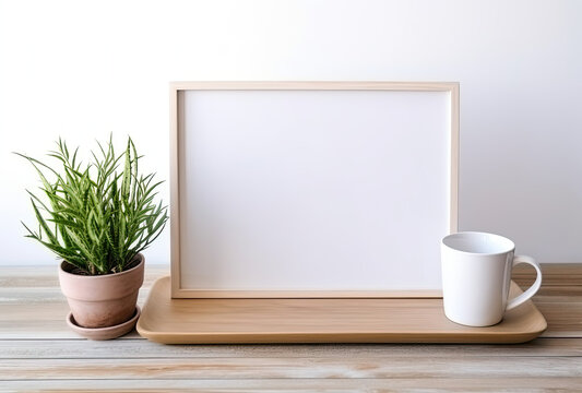 Picture Frame and Cup on a Wooden Table, Classic Combination of Decor and Refreshment