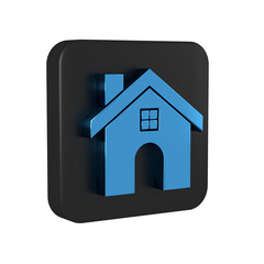 Blue House icon isolated on transparent background. Home symbol. Black square button.