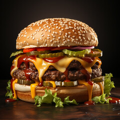 Single hamburger on a wooden table, dark background