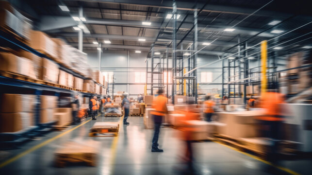 Dynamic motion blur captures the fast-paced activity inside a bustling warehouse with workers and goods in transit.