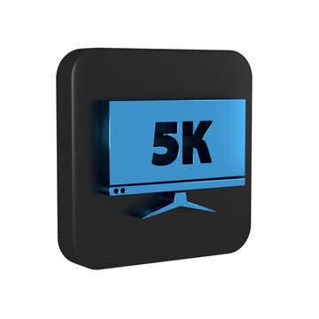 Blue Computer PC monitor display with 5k video technology icon isolated on transparent background. Black square button.