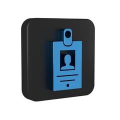 Blue Identification badge icon isolated on transparent background. It can be used for presentation, identity of the company, advertising. Black square button.