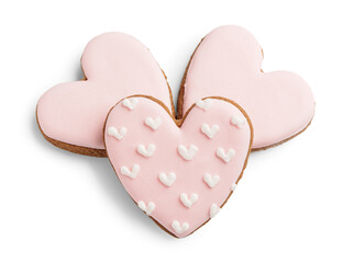 Pink heart shaped cookies on white background. Valentine's Day celebration