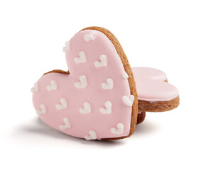 Pink heart shaped cookies on white background. Valentine's Day celebration