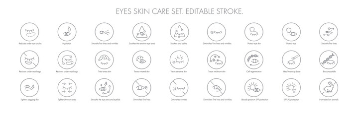 Eye skin care area icon pack set for patch, cream, mask cosmetic and beauty product, ophthalmology clinic, web, packaging. Vector stock illustration isolated on white background. Editable stroke.
