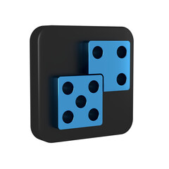 Blue Game dice icon isolated on transparent background. Casino gambling. Black square button.