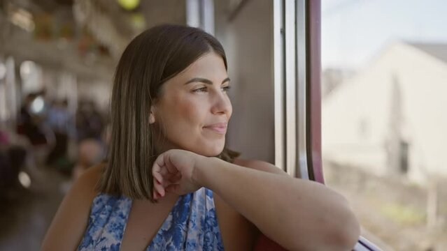 Cheerful, beautiful hispanic woman sits smiling, looking through the subway window - capturing the city's urban rhythm while sitting alone on her public transportation journey.