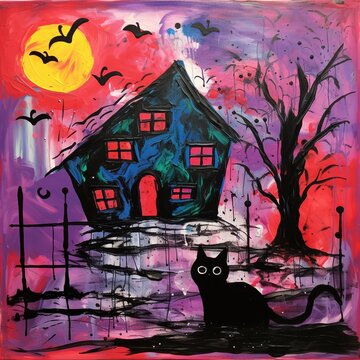 Black cat in front of a haunted house