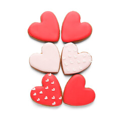 Many tasty heart shaped cookies on white background