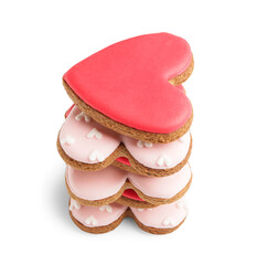 Many sweet heart shaped cookies on white background