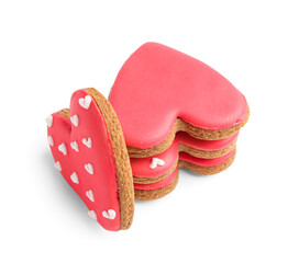 Red tasty heart shaped cookies on white background