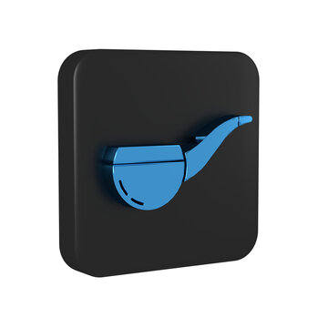 Blue Smoking pipe with smoke icon isolated on transparent background. Tobacco pipe. Black square button.