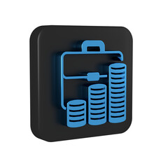 Blue Briefcase and coin icon isolated on transparent background. Business case sign. Business portfolio. Black square button.