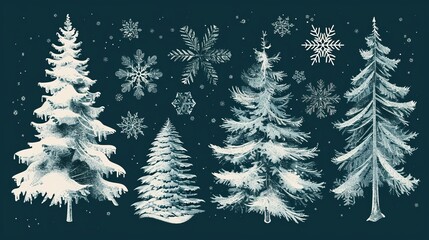 Set of decorative fir trees and snowflakes